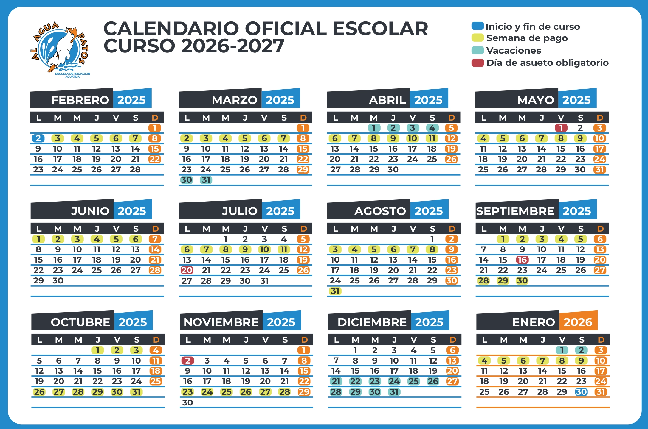 Calendario escolar 2025-2026 de Al Agua Patos